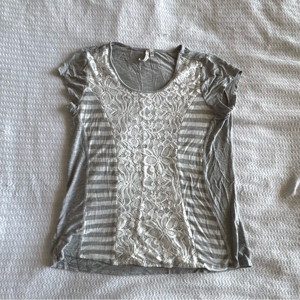 Gray and White Lace Accent Women's Top